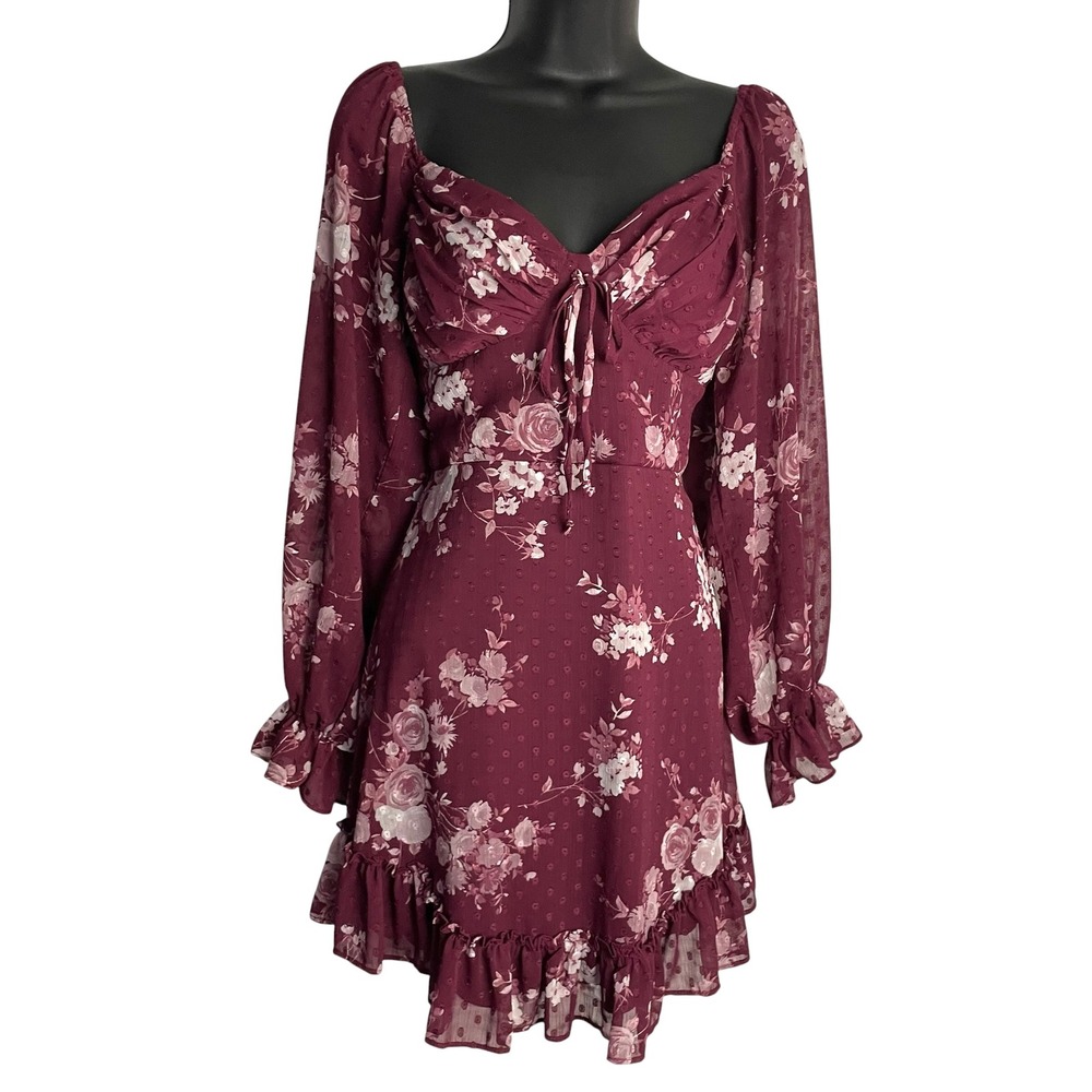 B Darlin Juniors Babydoll Mini Dress Size 3/4 Burgundy Swiss Dot Ruffle Romantic